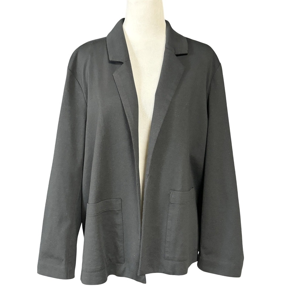 Eileen Fisher Blazer Womens L Black Open Front Knit Stretch Jacket Pockets